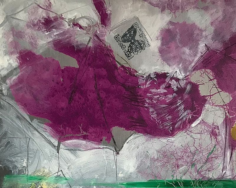 Pressefoto: „Narzissten II“, 2021/2018, Übermalung mit Augmented Reality-Erweiterung, 92cm x 60cm - Ausschnitt. Aludibond, Öl, Video - Rosemarie Vollmer/Sabine Schäfer aus der Duo-Werkreihe „Dialogische Übermalungen“